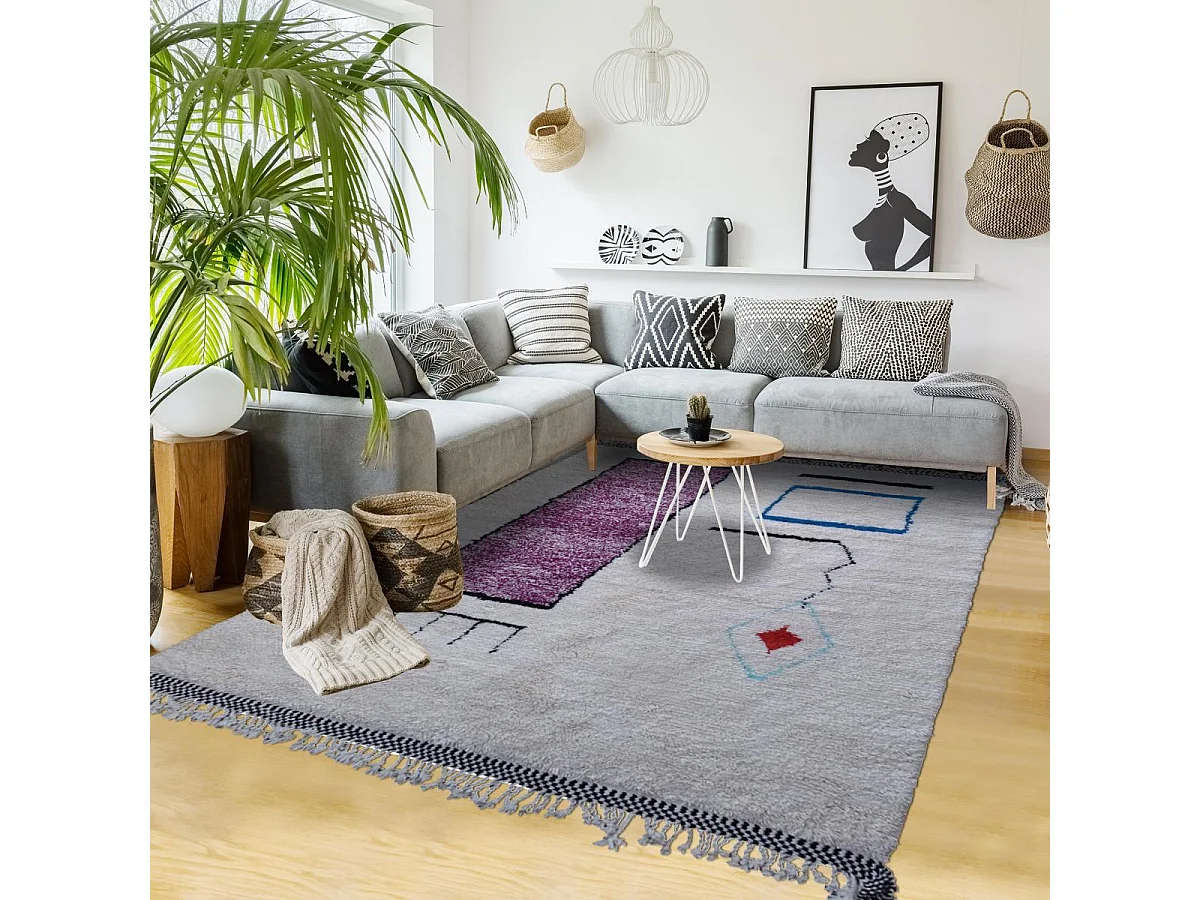 Authentique tapis berbère 260x345 fait à la main en laine blanc cassé et noir BENI OUARAIN U