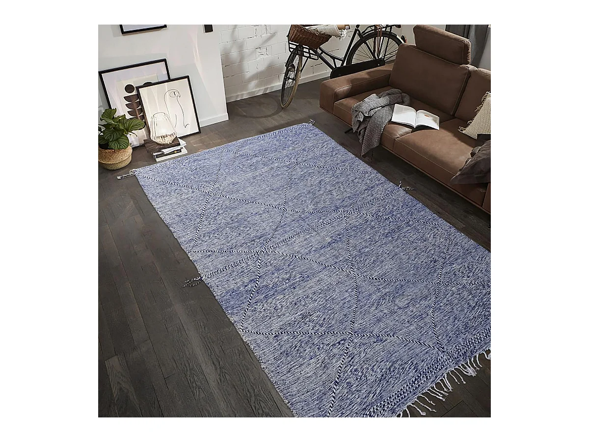 Authentique tapis berbère 190x310 fait à la main en laine bleu et gris ZANAFI 1