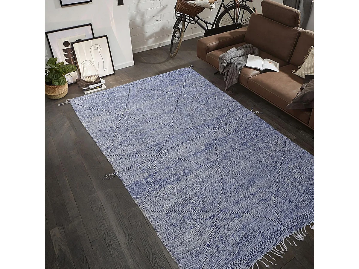 Authentique tapis berbère 190x310 fait à la main en laine bleu et gris ZANAFI 1