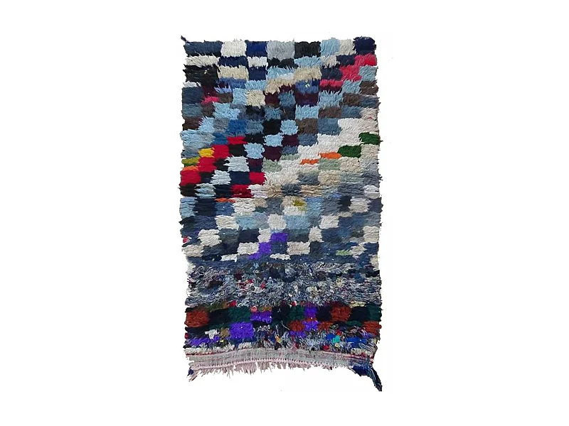 Authentique tapis berbère 90x150 fait main en tissu recyclé bleu et rose ZAOUIT