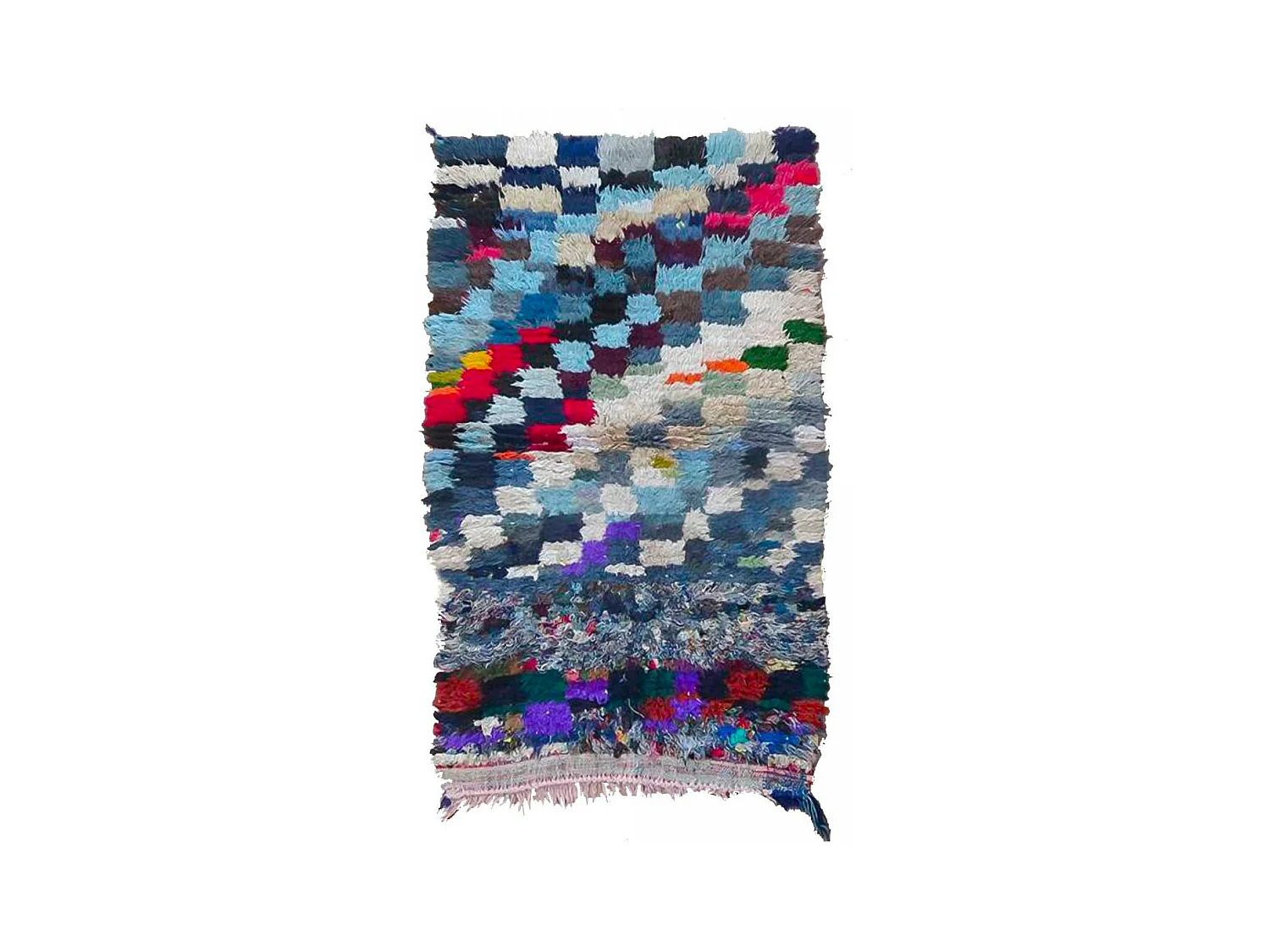 Authentique tapis berbère 90x150 fait main en tissu recyclé bleu et rose ZAOUIT