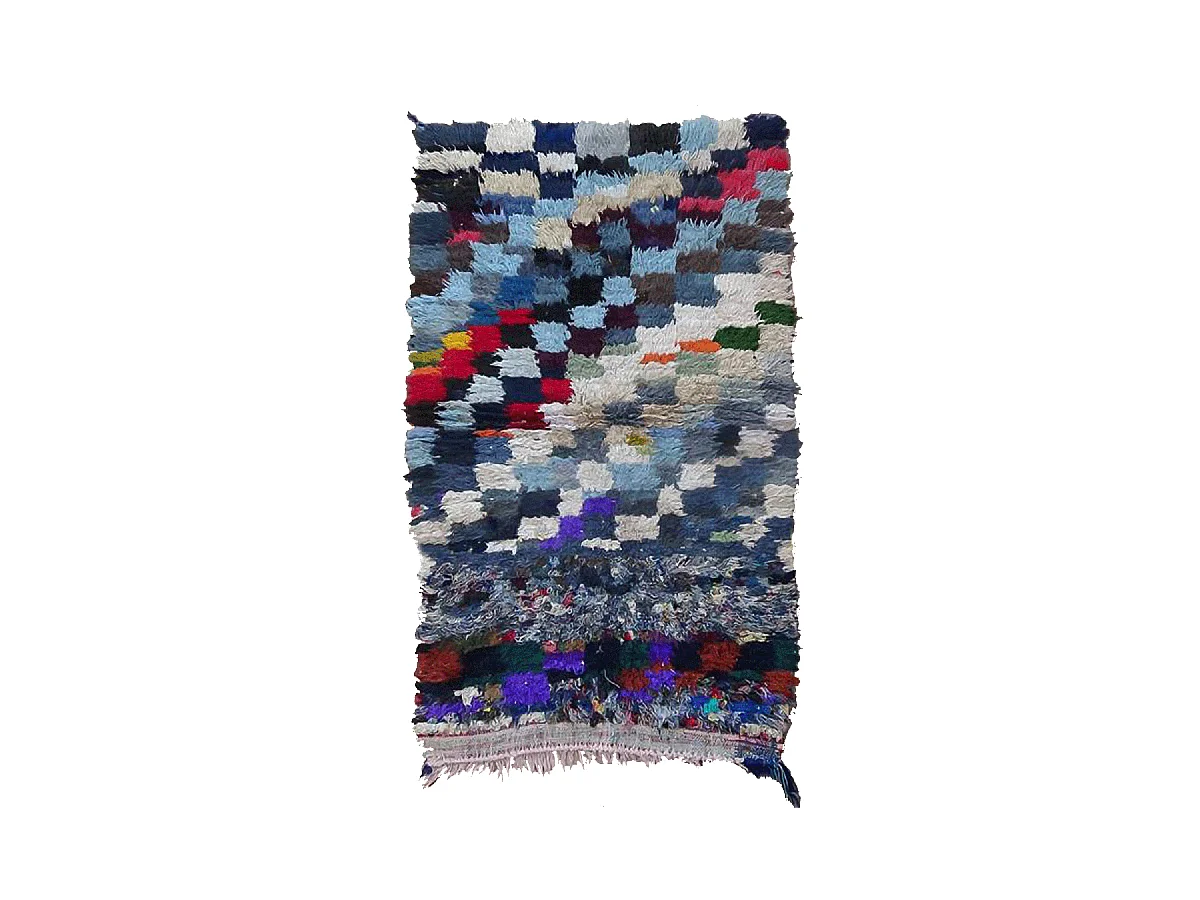 Authentique tapis berbère 90x150 fait main en tissu recyclé bleu et rose ZAOUIT