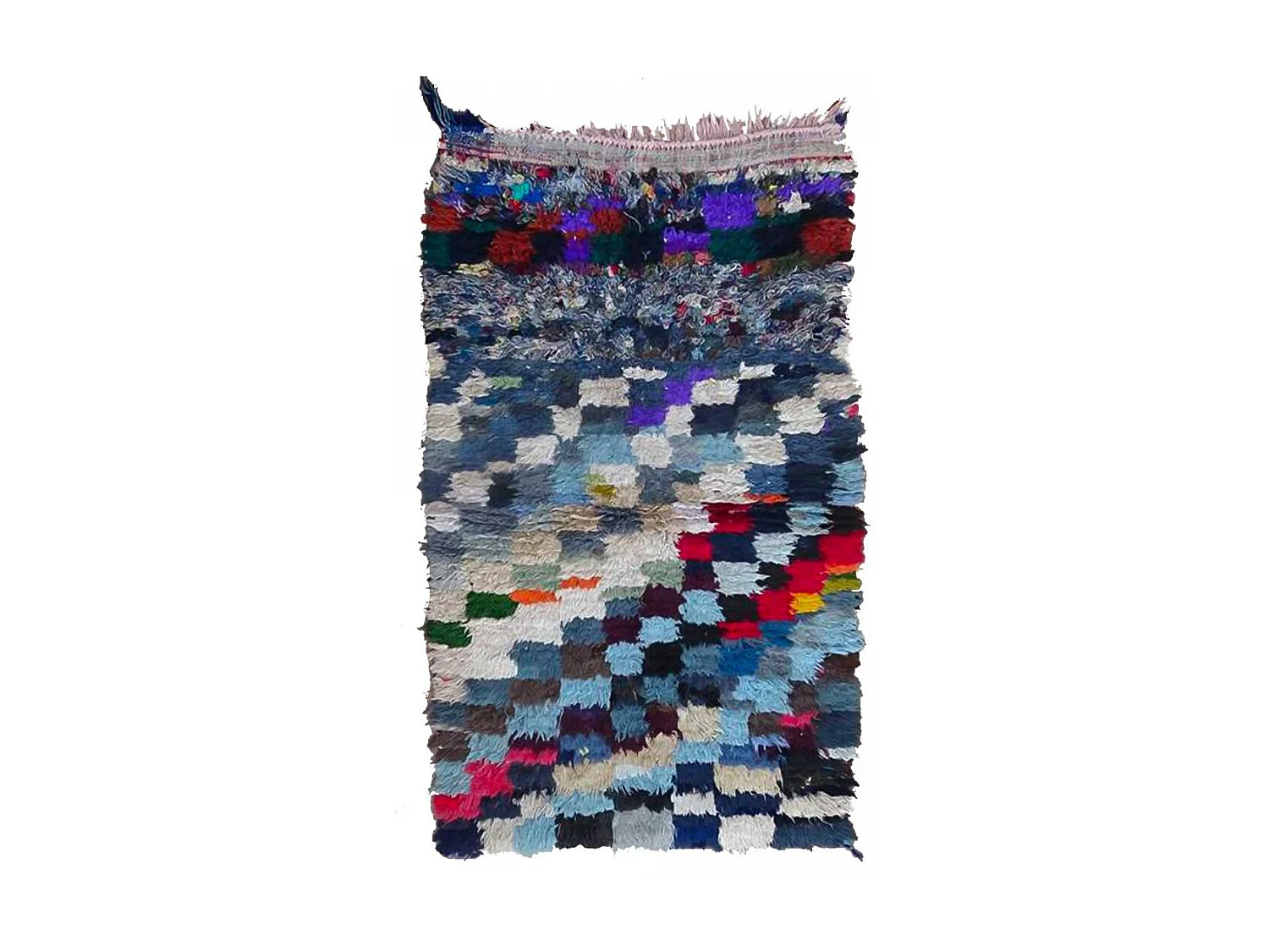 Authentique tapis berbère 90x150 fait main en tissu recyclé bleu et rose ZAOUIT