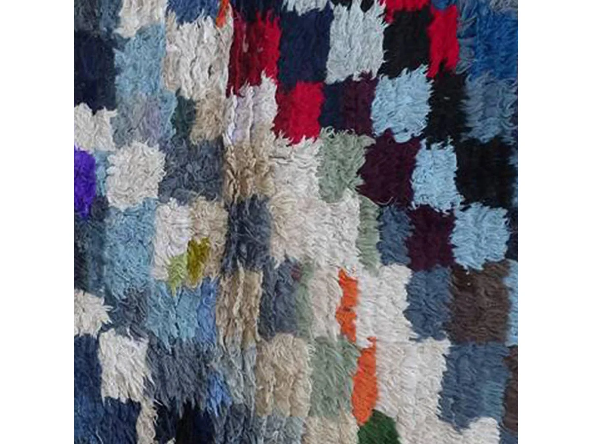 Authentique tapis berbère 90x150 fait main en tissu recyclé bleu et rose ZAOUIT