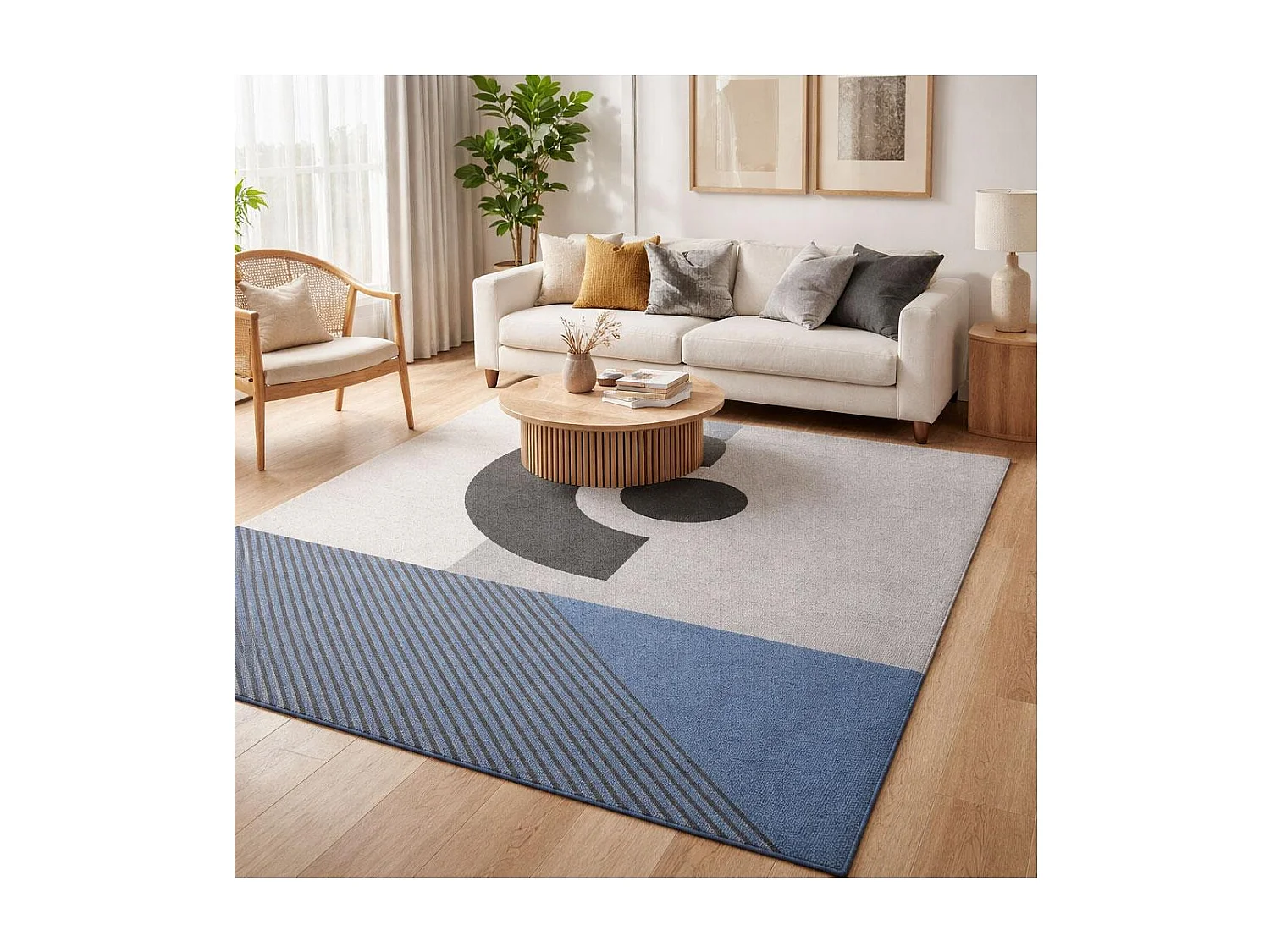 tappeto per camera da letto 80x150 motivo geometrico rettangolare intrecciato grigio e blu ELAK