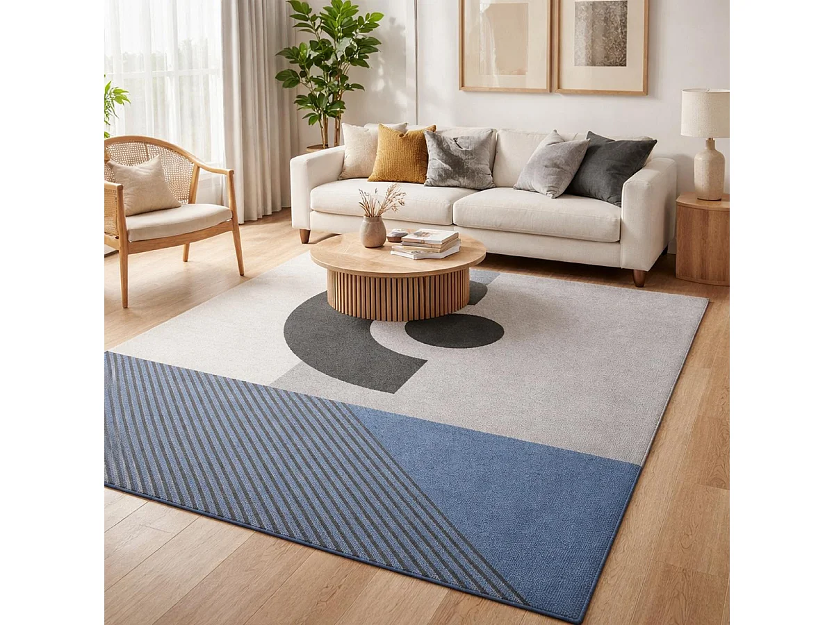 tapis chambre 80x150 tissé gris et bleu rectangle motif géométrique ELAK