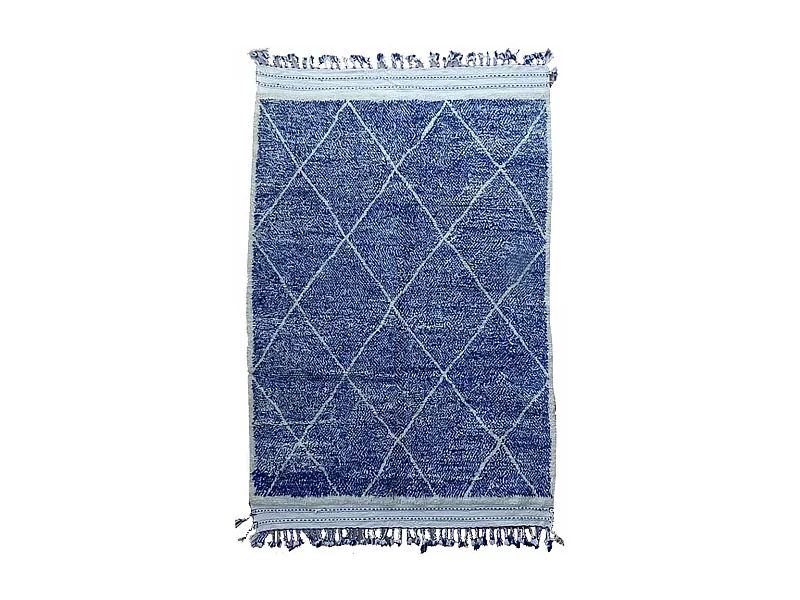 Authentique tapis berbère 205x310 fait main en laine bleu et blanc INLES