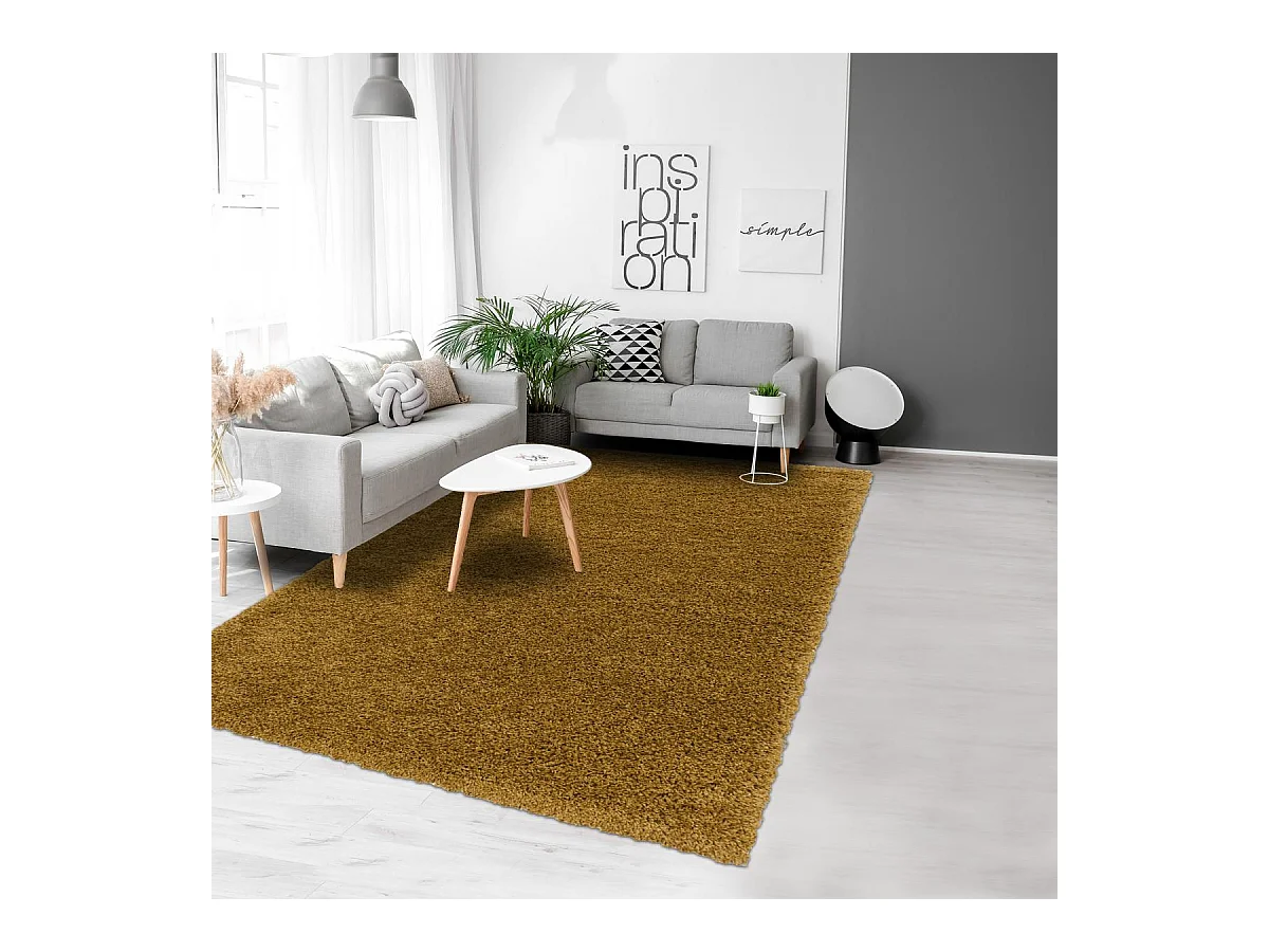 Tapis poils longs shaggy Ø200cm rond tissé or motif uni UNI I