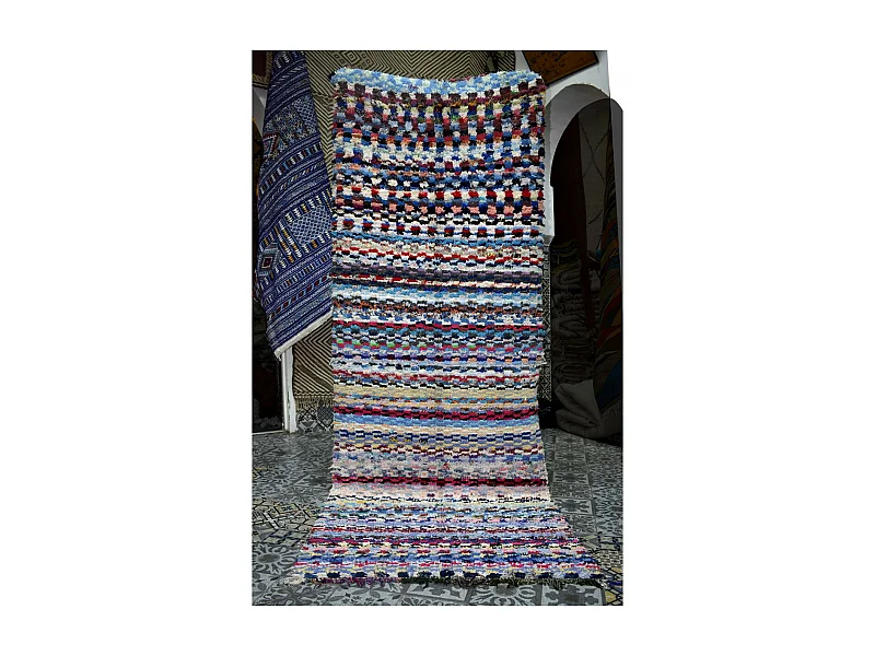 Authentique tapis berbère 110x290 fait à la main bleu et jaune BOUCHAROUITE AU