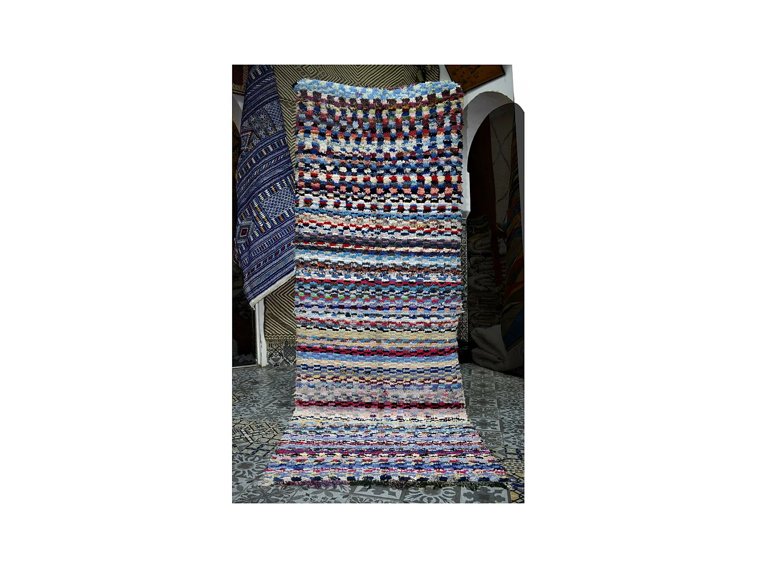 Authentique tapis berbère 110x290 fait à la main bleu et jaune BOUCHAROUITE AU