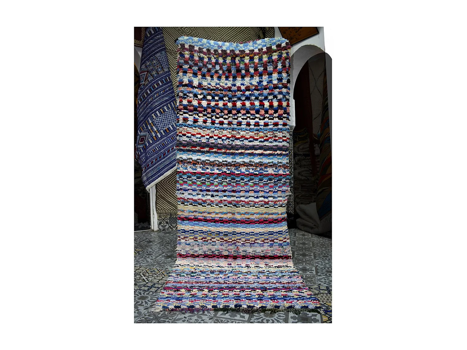 Authentique tapis berbère 110x290 fait à la main bleu et jaune BOUCHAROUITE AU