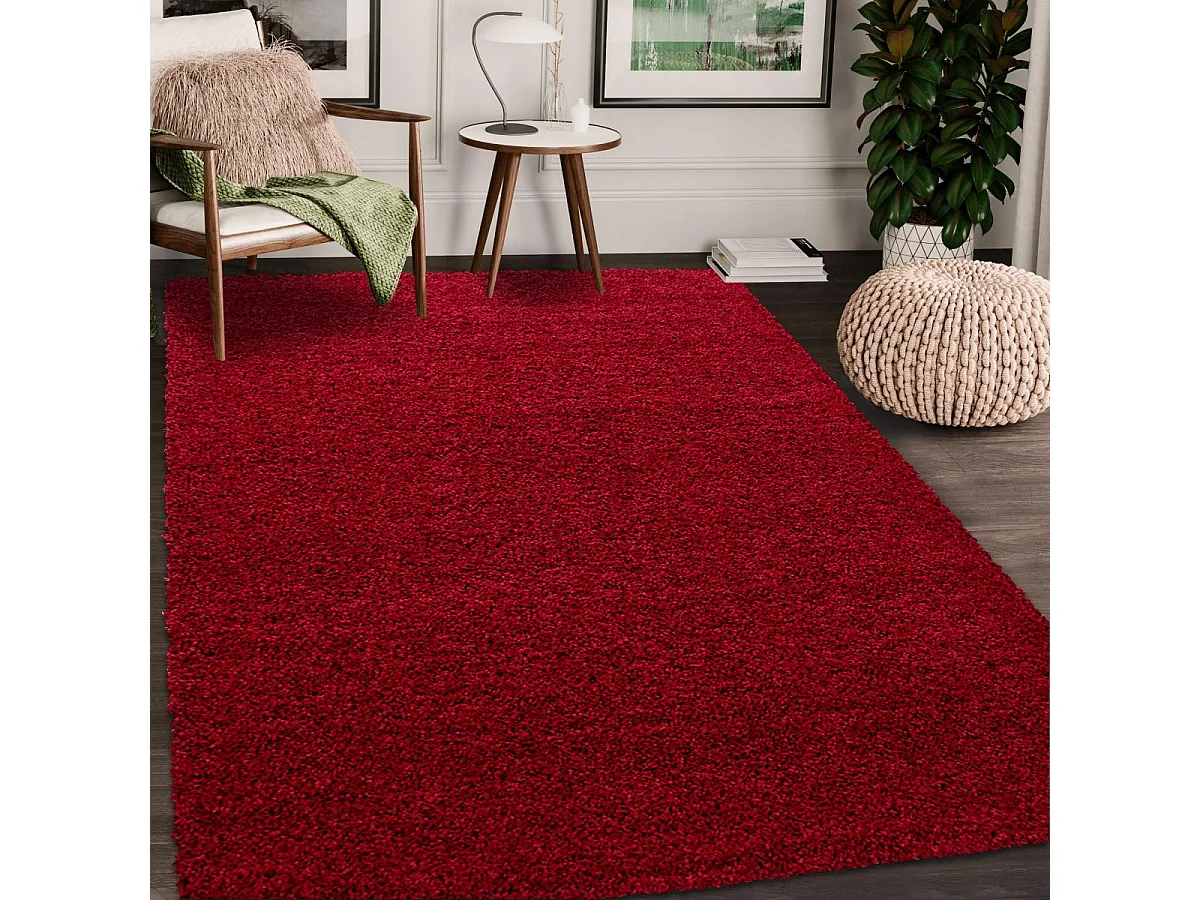 Tapis poils longs shaggy 65x130 rectangle tissé rouge motif uni UNI C
