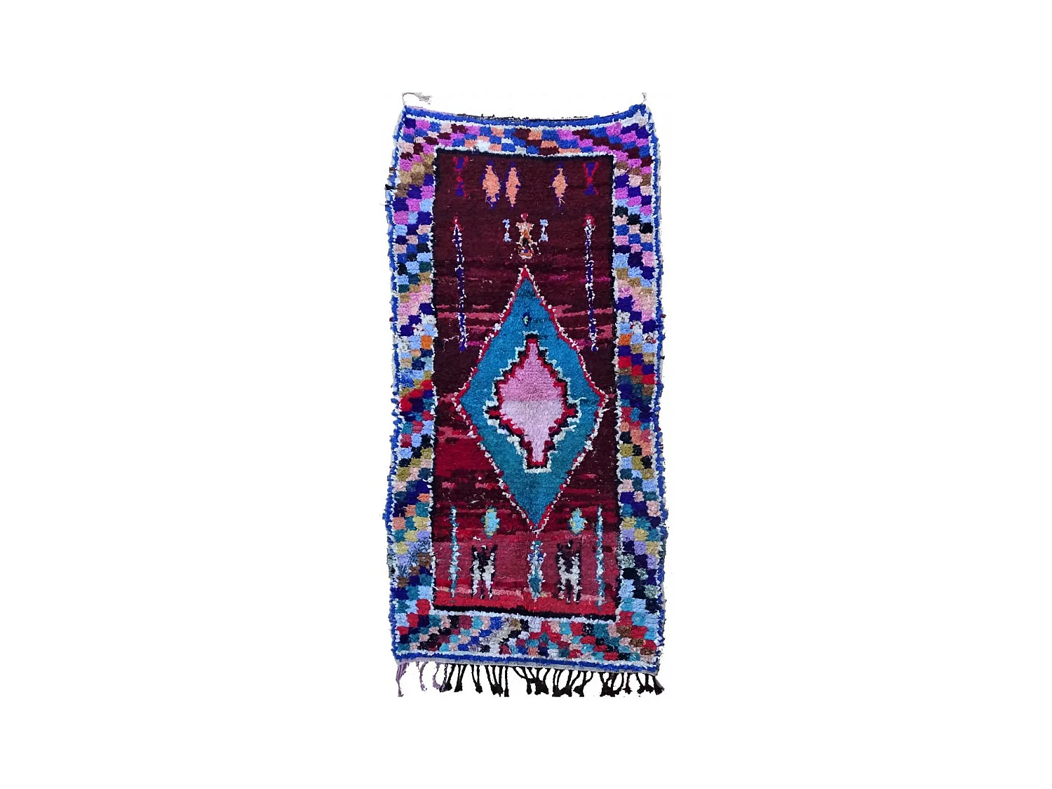 Authentique tapis berbère 120x230 fait main en tissu recyclé bleu et rouge KSABI