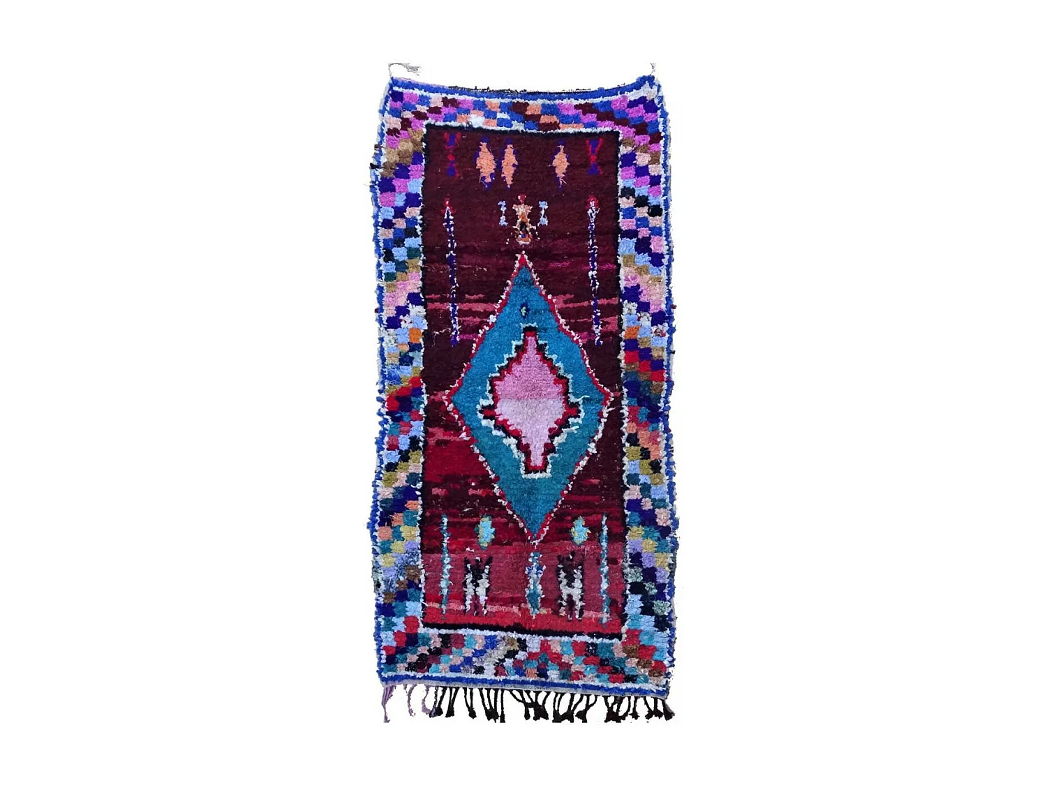 Authentique tapis berbère 120x230 fait main en tissu recyclé bleu et rouge KSABI