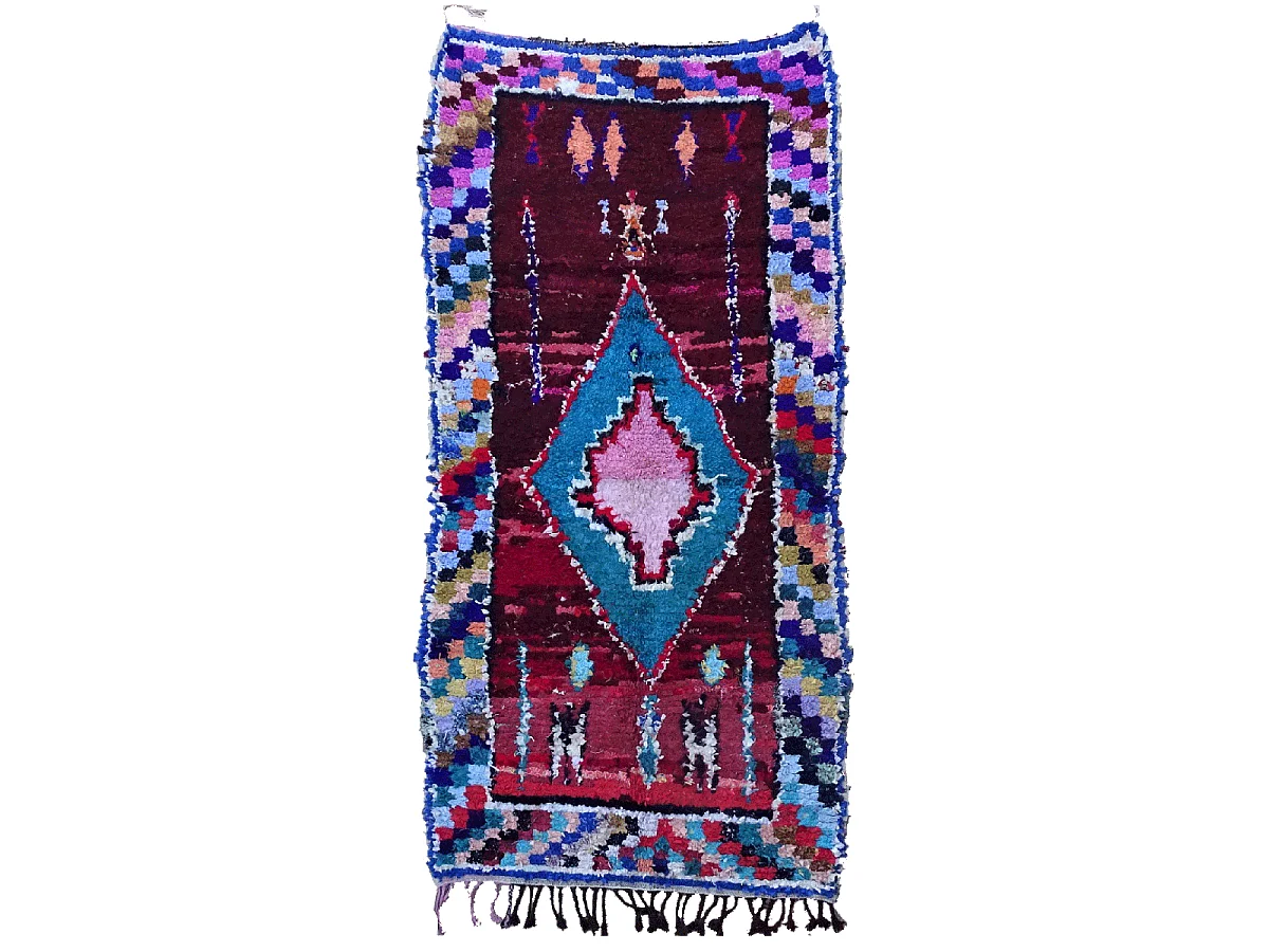 Authentique tapis berbère 120x230 fait main en tissu recyclé bleu et rouge KSABI