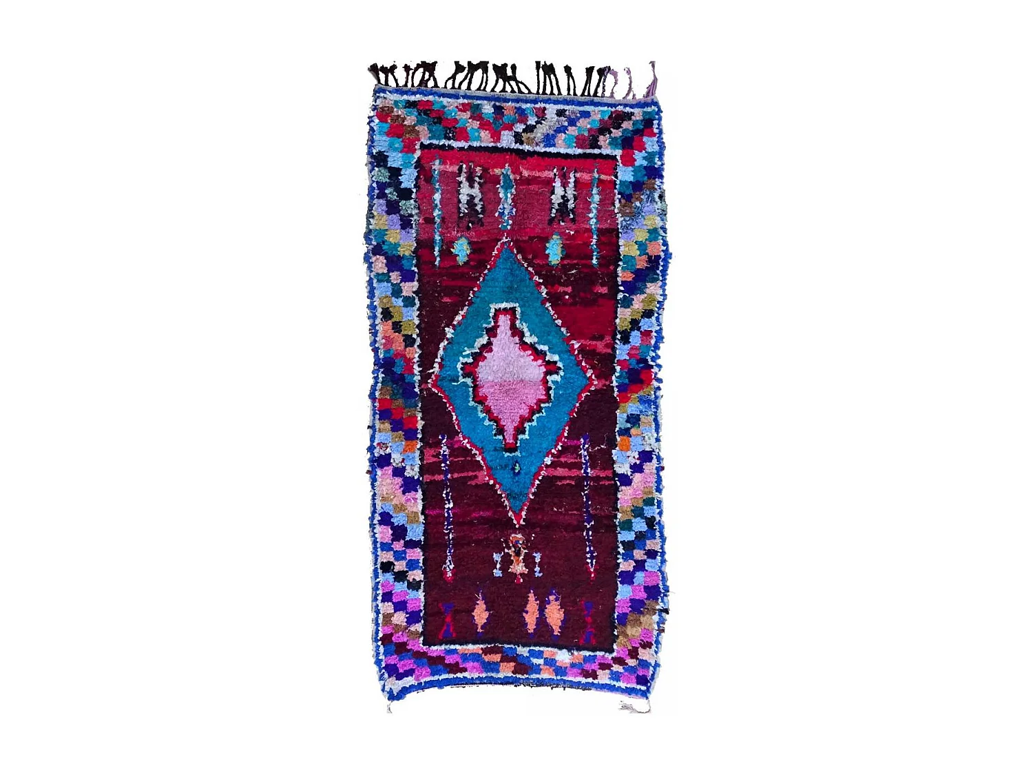 Authentique tapis berbère 120x230 fait main en tissu recyclé bleu et rouge KSABI