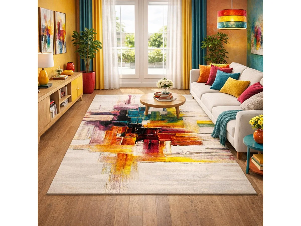 tapis salon 140x200 tissé crème rectangle motif abstrait LYN8 BELO 3