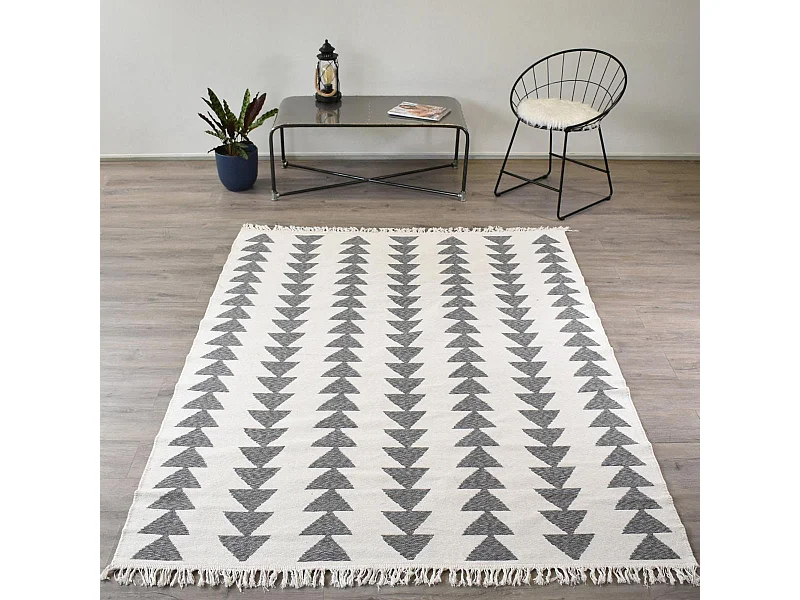 Tapis kilim reversible 200x280 en coton motif scandinave BE crème et gris