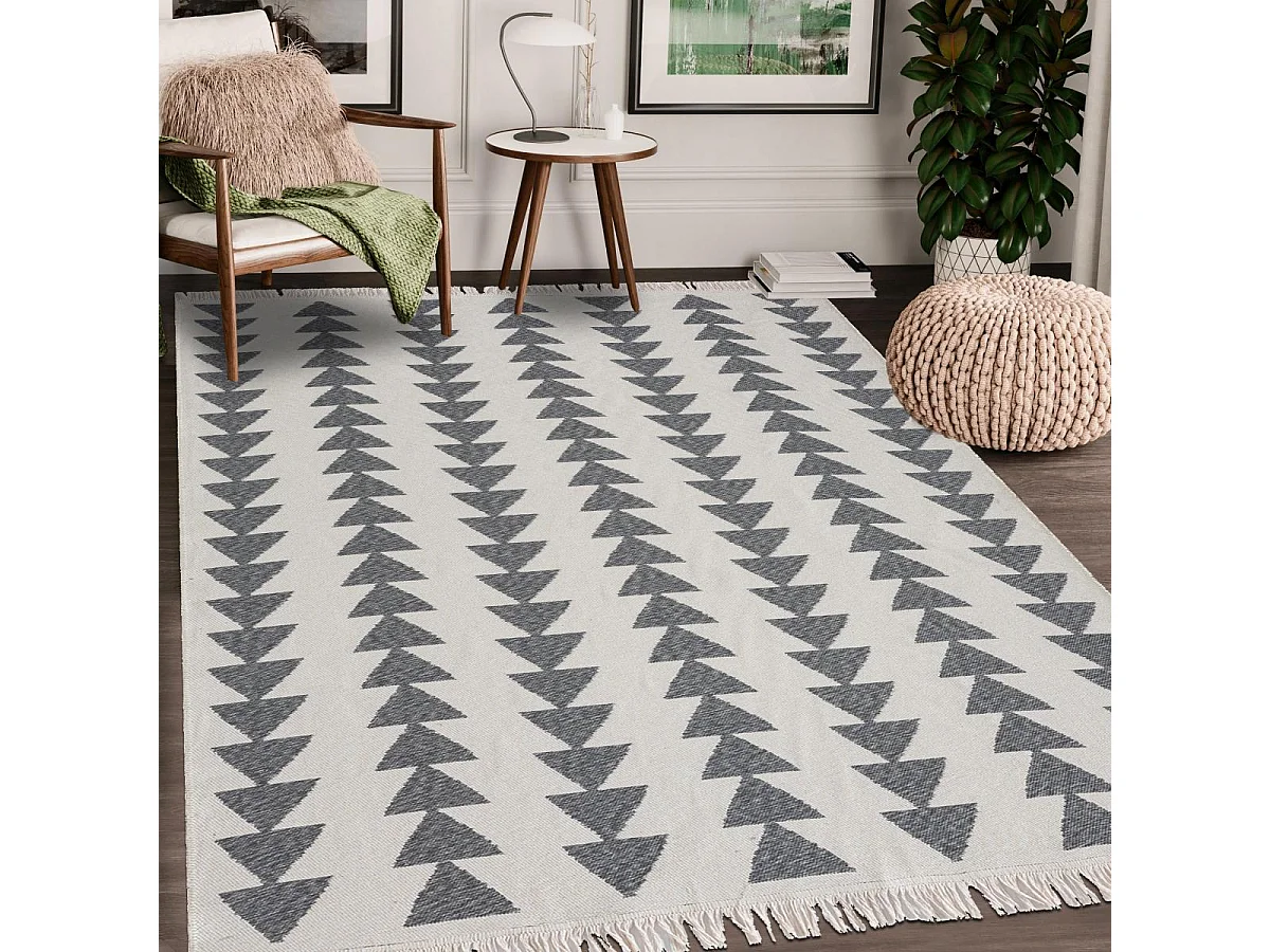 Tapis kilim reversible 200x280 en coton motif scandinave BE crème et gris