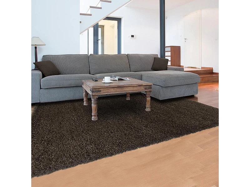 Tapis longs poils shaggy 140x200 rectangle tissé marron motif uni UNI B