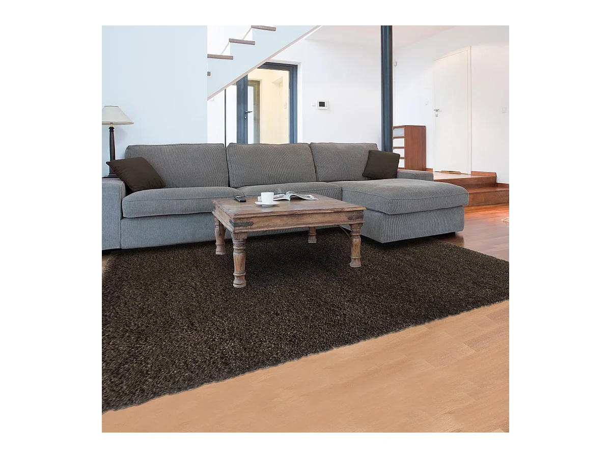 Tapis longs poils shaggy 140x200 rectangle tissé marron motif uni UNI B