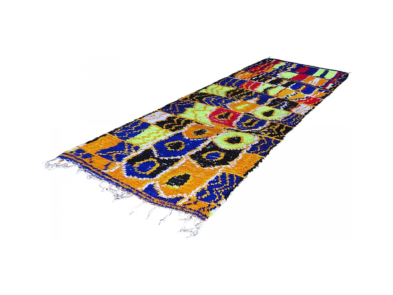 Authentique tapis berbère 115x250 fait à la main en laine rouge et fluo AZILAL 12 motif ethnic
