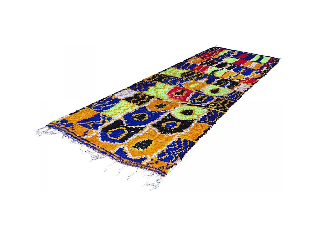Authentique tapis berbère 115x250 fait à la main en laine rouge et fluo AZILAL 12 motif ethnic