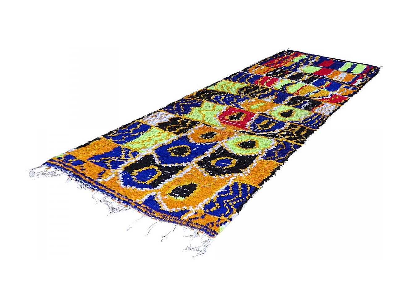 Authentique tapis berbère 115x250 fait à la main en laine rouge et fluo AZILAL 12 motif ethnic
