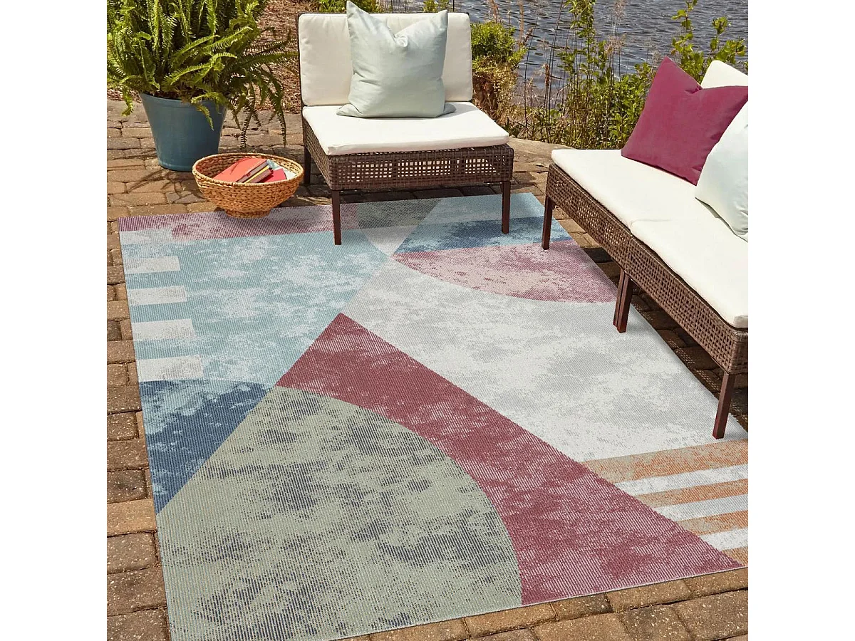 Tapis extérieur 120x160 tissé kilim bleu et orange SOYEUX D