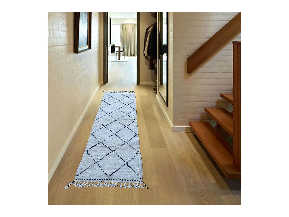 Authentique tapis berbère 85x310 fait à la main en laine blanc cassé et noir BENI OUARAIN AC