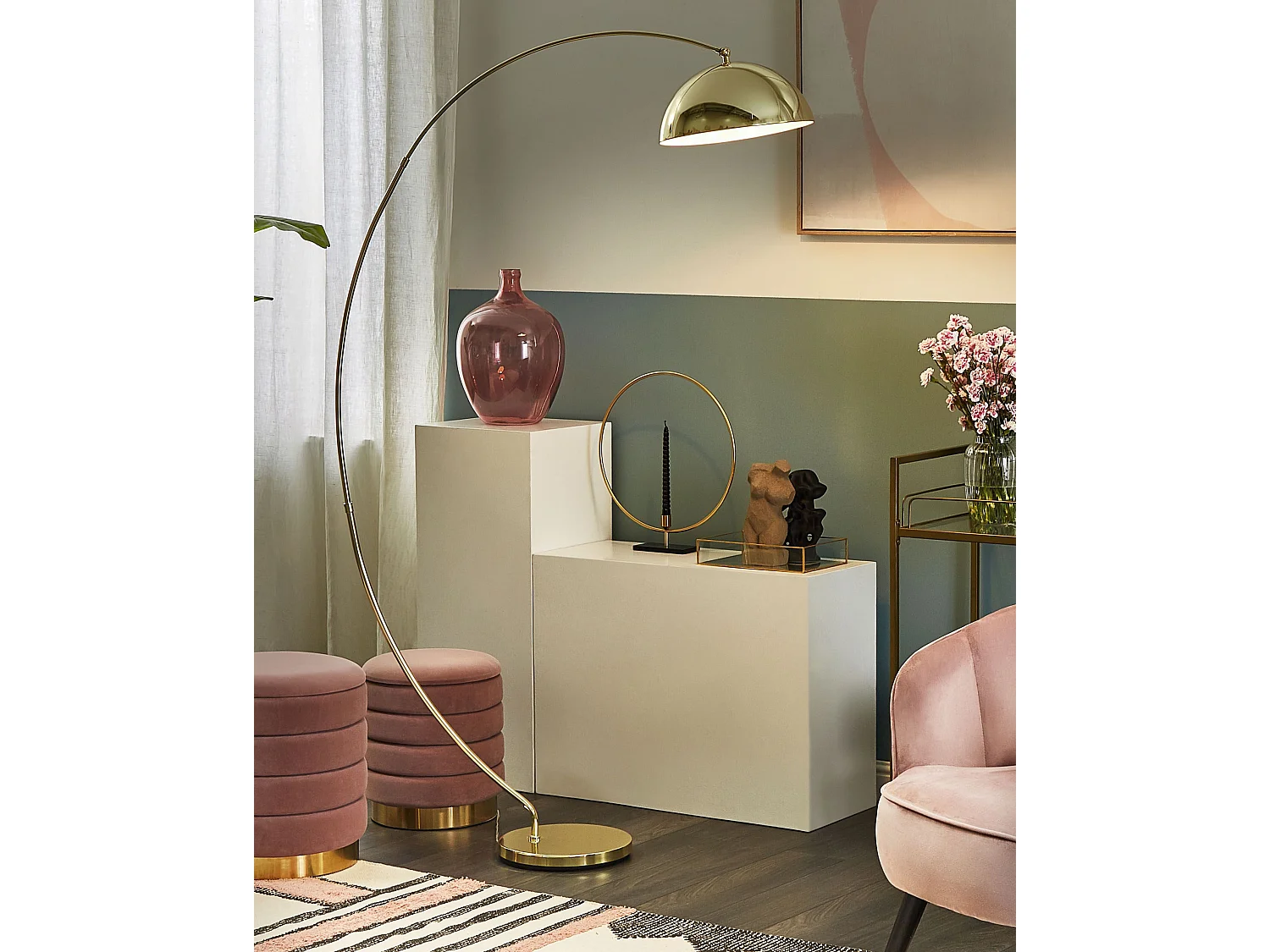 Bogen-Stehlampe Metall gold geschwungen mit rundem Schirm 188 cm Modern Kama