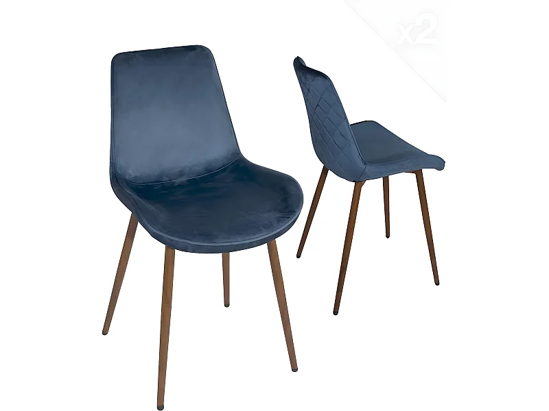 Lot 2 chaises salle à manger velours bleu rembourrédos matelassé pieds métal bois foncé MADI
