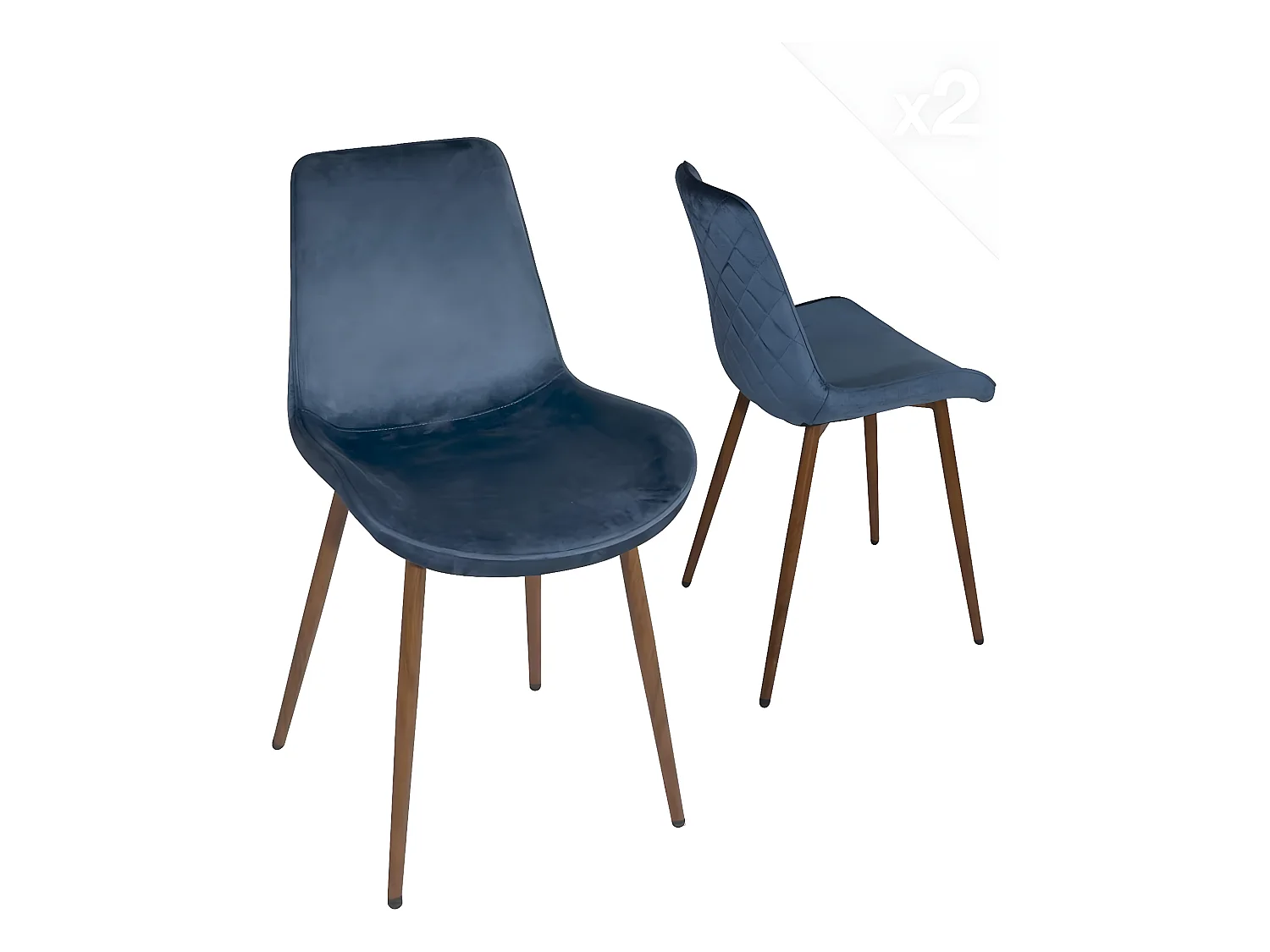 Lot 2 chaises salle à manger velours bleu rembourrédos matelassé pieds métal bois foncé MADI