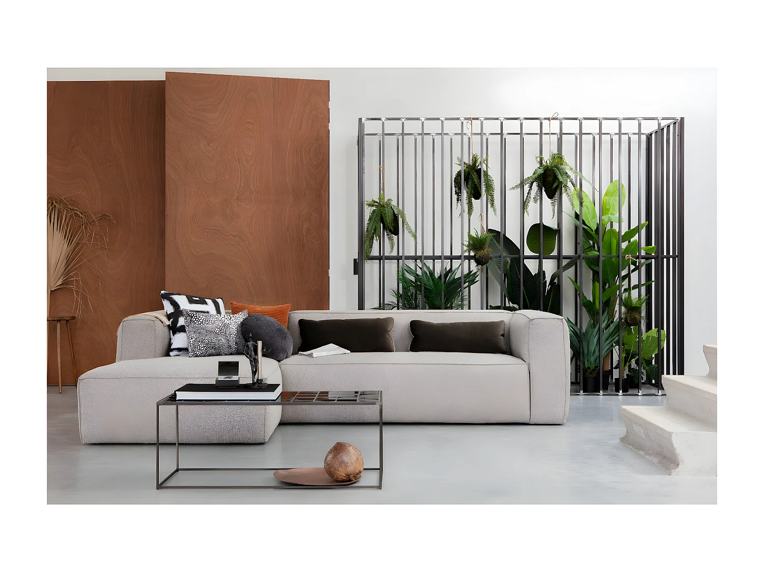 BEAN - Canapé d'angle gauche 5 places en tissu gris tendance