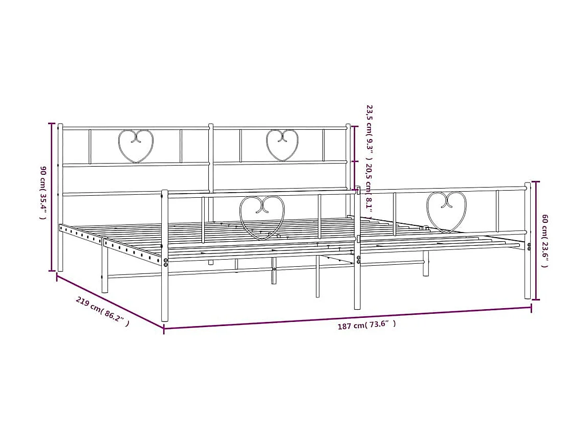 Lit double | Lit adulte | Cadre de lit métal et pied de lit blanc 183x213 cm