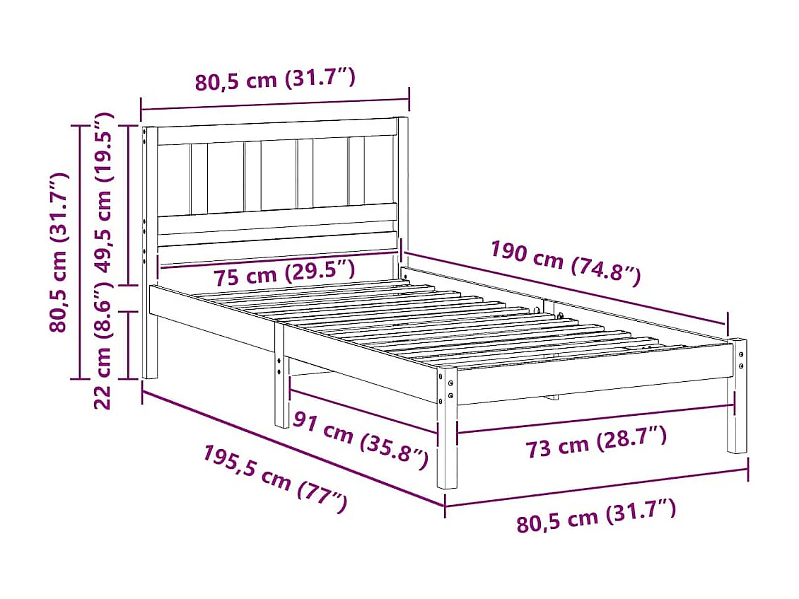 Lit simple | Lit adulte, enfant | Cadre de lit Marron cire 75x190 cm Bois massif en pin