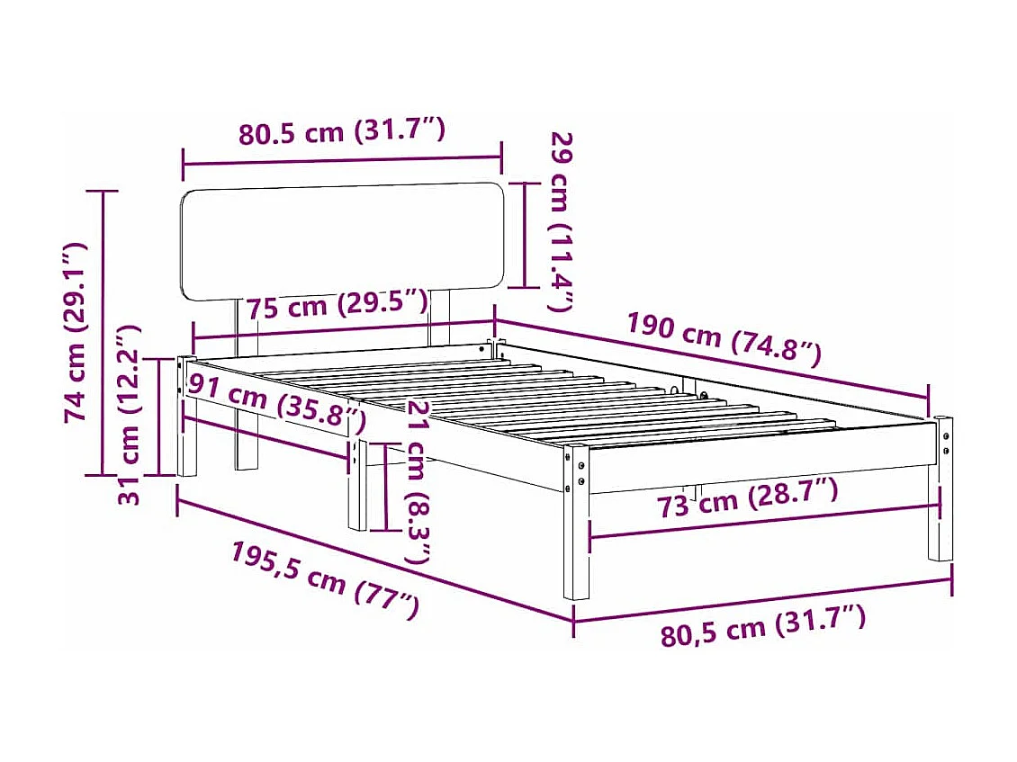 Lit simple | Lit adulte, enfant | Cadre de lit Brun cire 75x190 cm Bois massif en pin