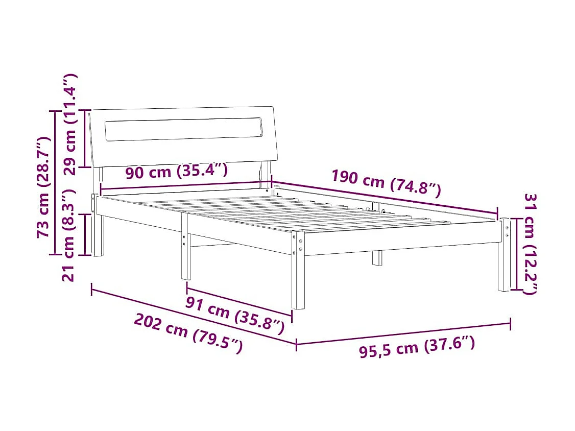 Lit simple | Lit adulte, enfant | Cadre de lit Blanc 90x190 cm Bois massif en pin