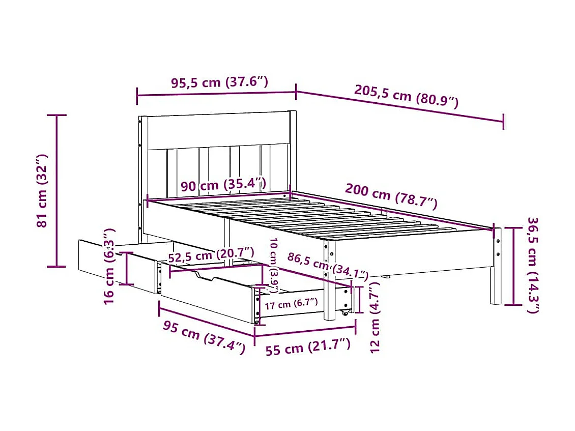 Lit simple | Lit adulte, enfant | Cadre de lit blanc 90x200 cm bois de pin massif