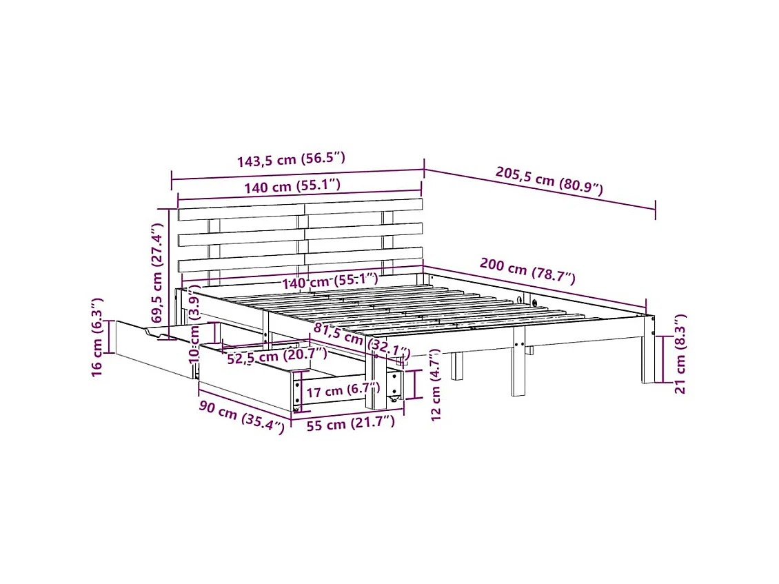 Letto per adulti | Letto matrimoniale | Giroletto con Cassetti Bianco 140x200 cm Legno Massello di Pino