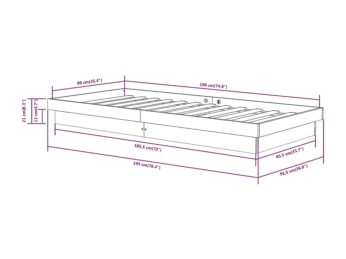 Lit simple | Lit adulte, enfant | Cadre de lit bois massif 90x190 cm