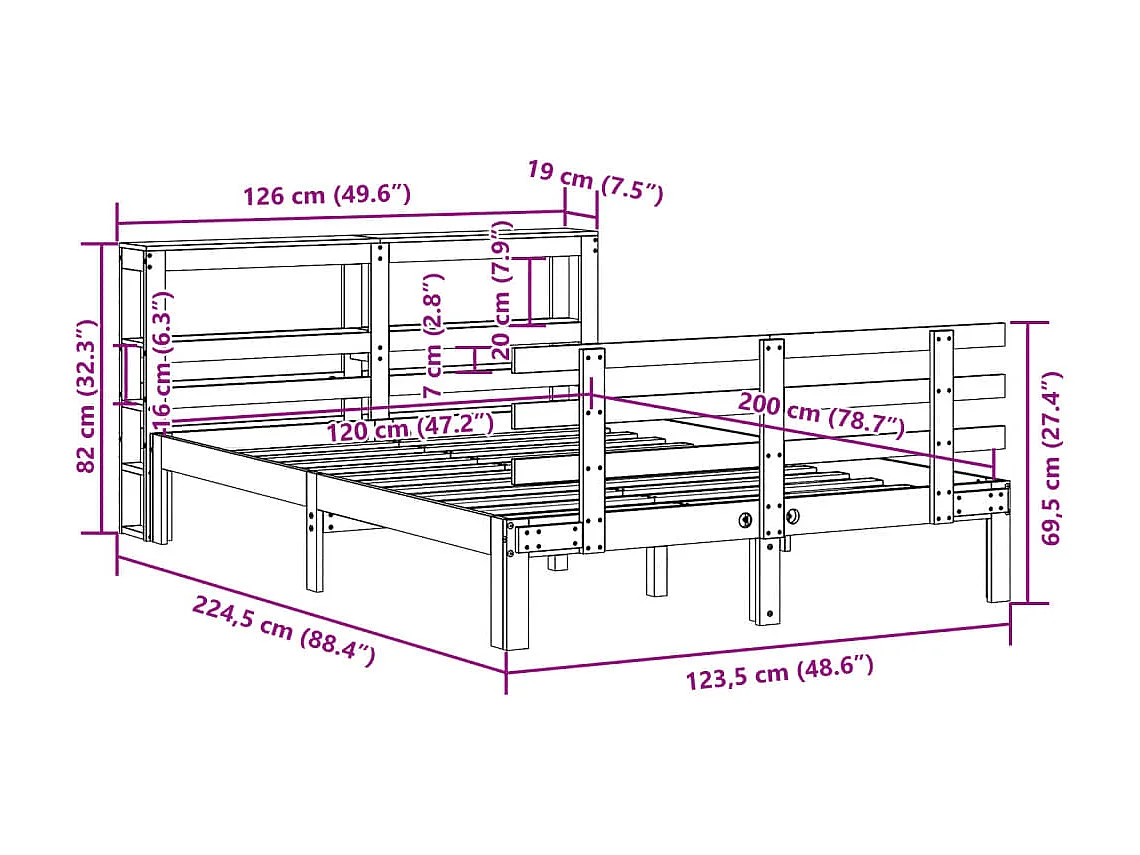 Letto per adulti | Letto singolo | Giroletto con Testiera 120x200 cm in Legno Massello di Pino