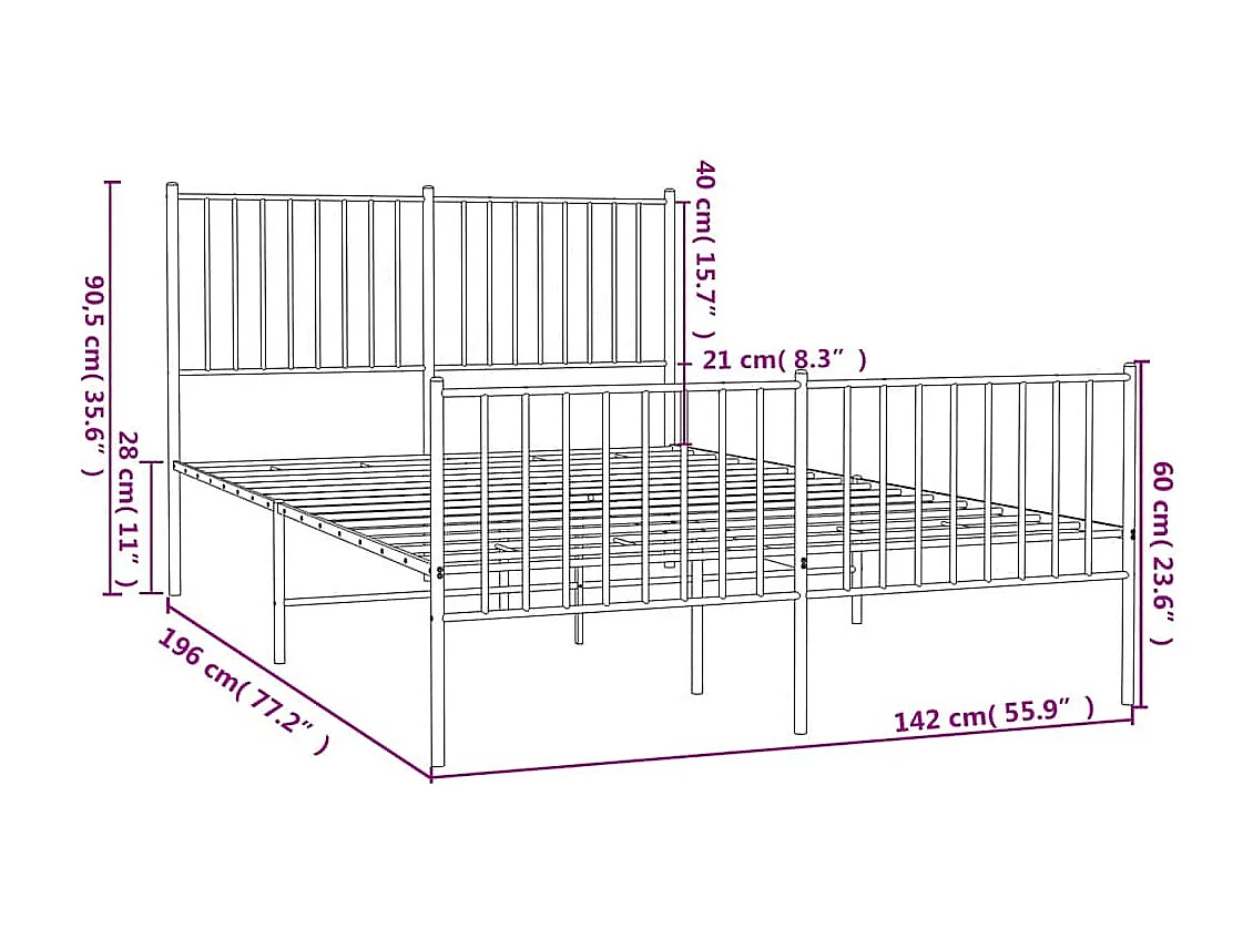 Lit double | Lit adulte | Cadre de lit métal et pied de lit blanc 135x190 cm