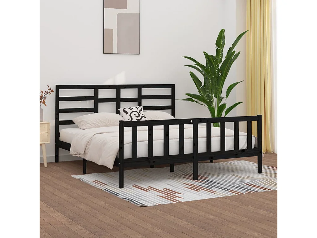 Lit double | Lit adulte | Cadre de lit noir 200x200 cm bois massif de pin