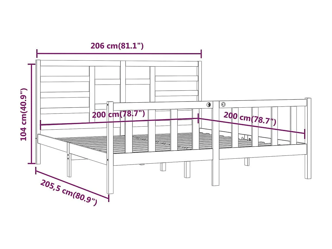 Lit double | Lit adulte | Cadre de lit noir 200x200 cm bois massif de pin