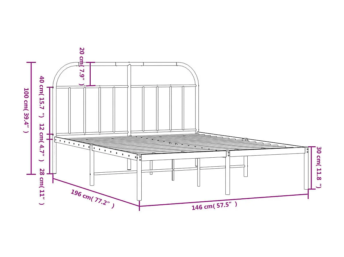 Lit double | Lit adulte | Cadre de lit métal avec tête de lit noir 140x190cm