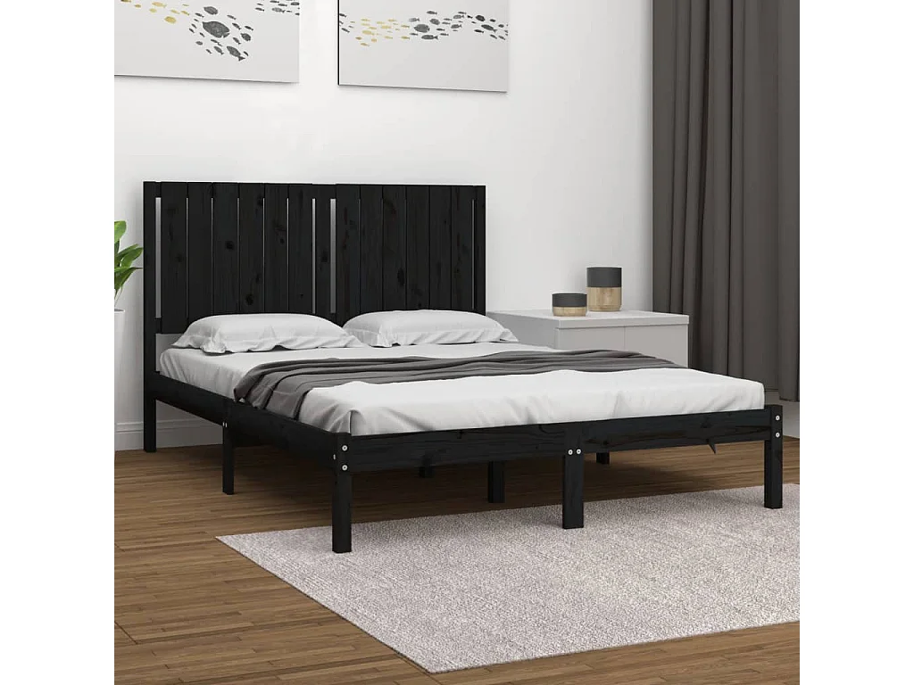 Lit double | Lit adulte | Cadre de lit noir 140x190 cm bois de pin massif