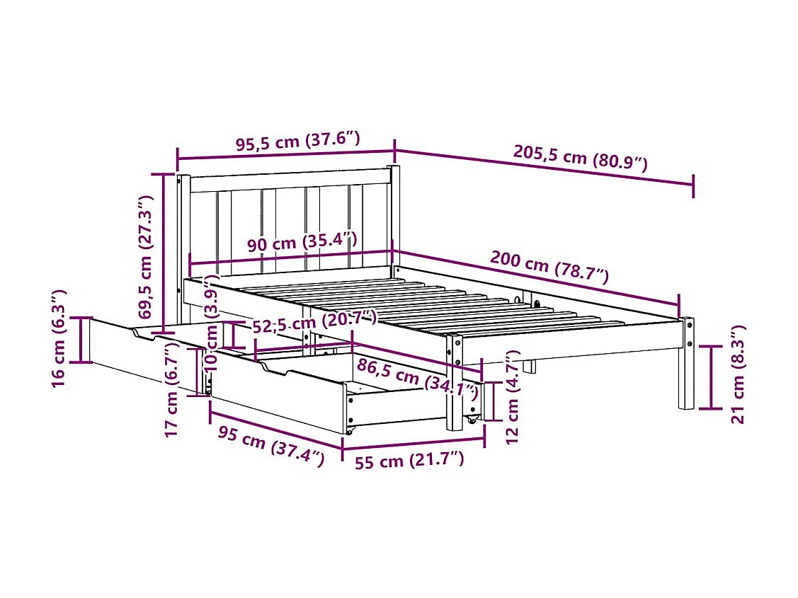 Lit simple | Lit adulte, enfant | Cadre de lit blanc 90x200 cm bois de pin massif