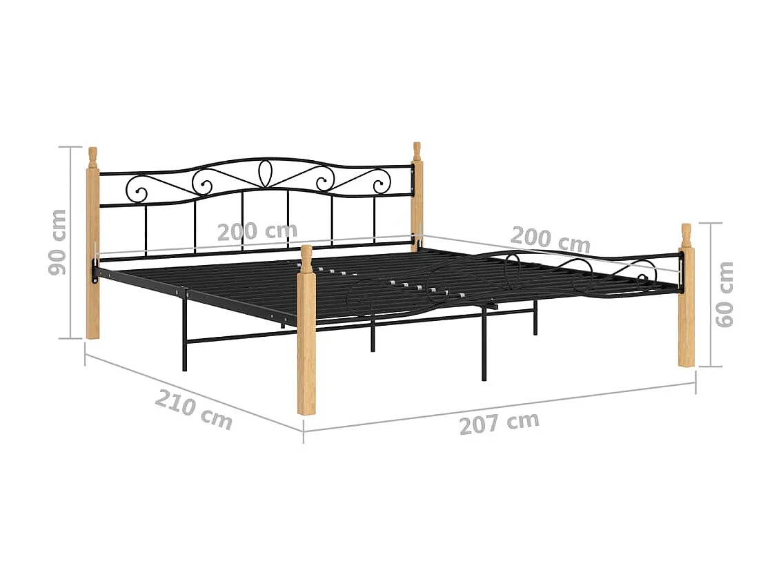 Lit double | Lit adulte | Cadre de lit noir métal bois chêne 200x200 cm