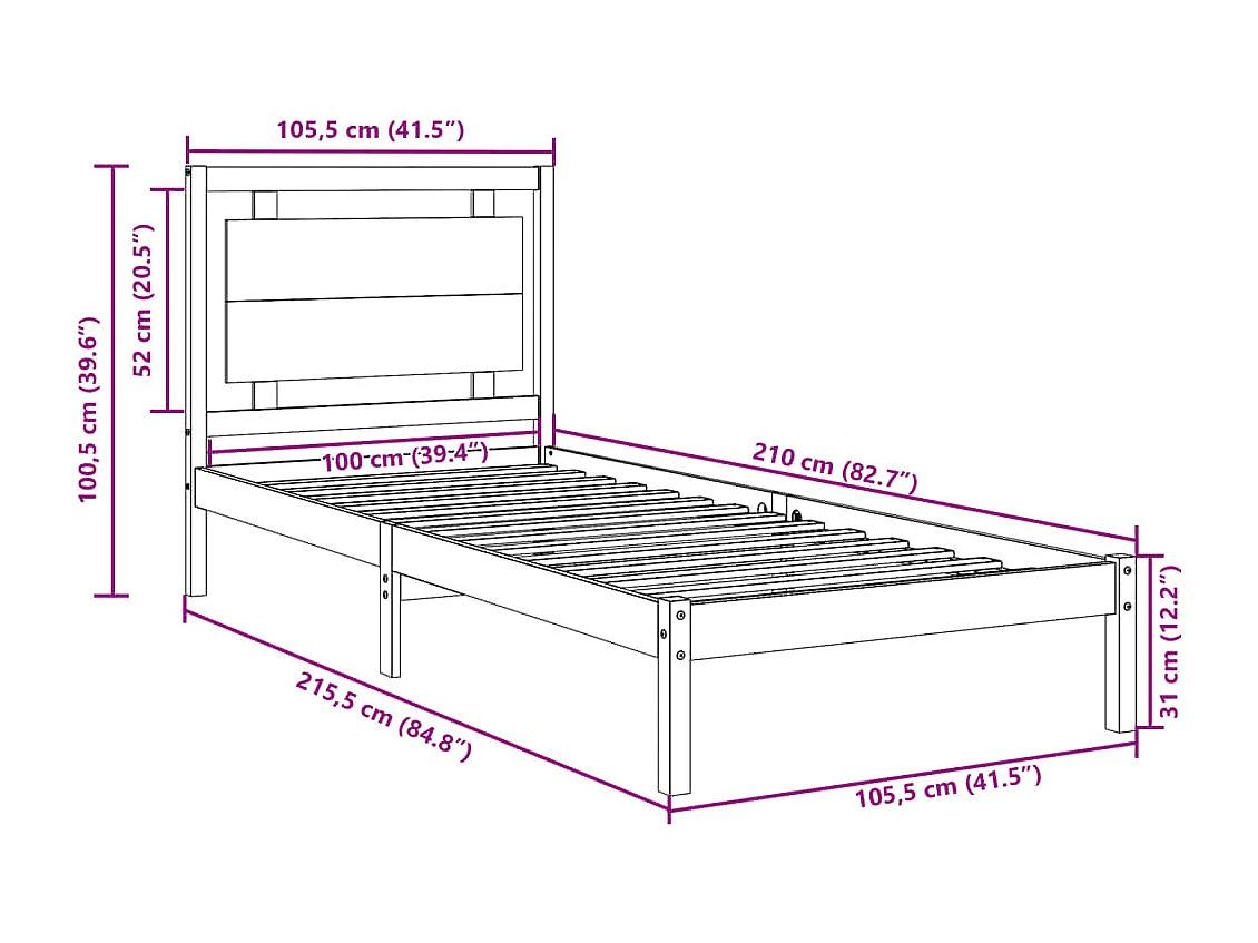Lit simple | Lit adulte, enfant | Cadre de lit extra long 100x210 cm bois massif